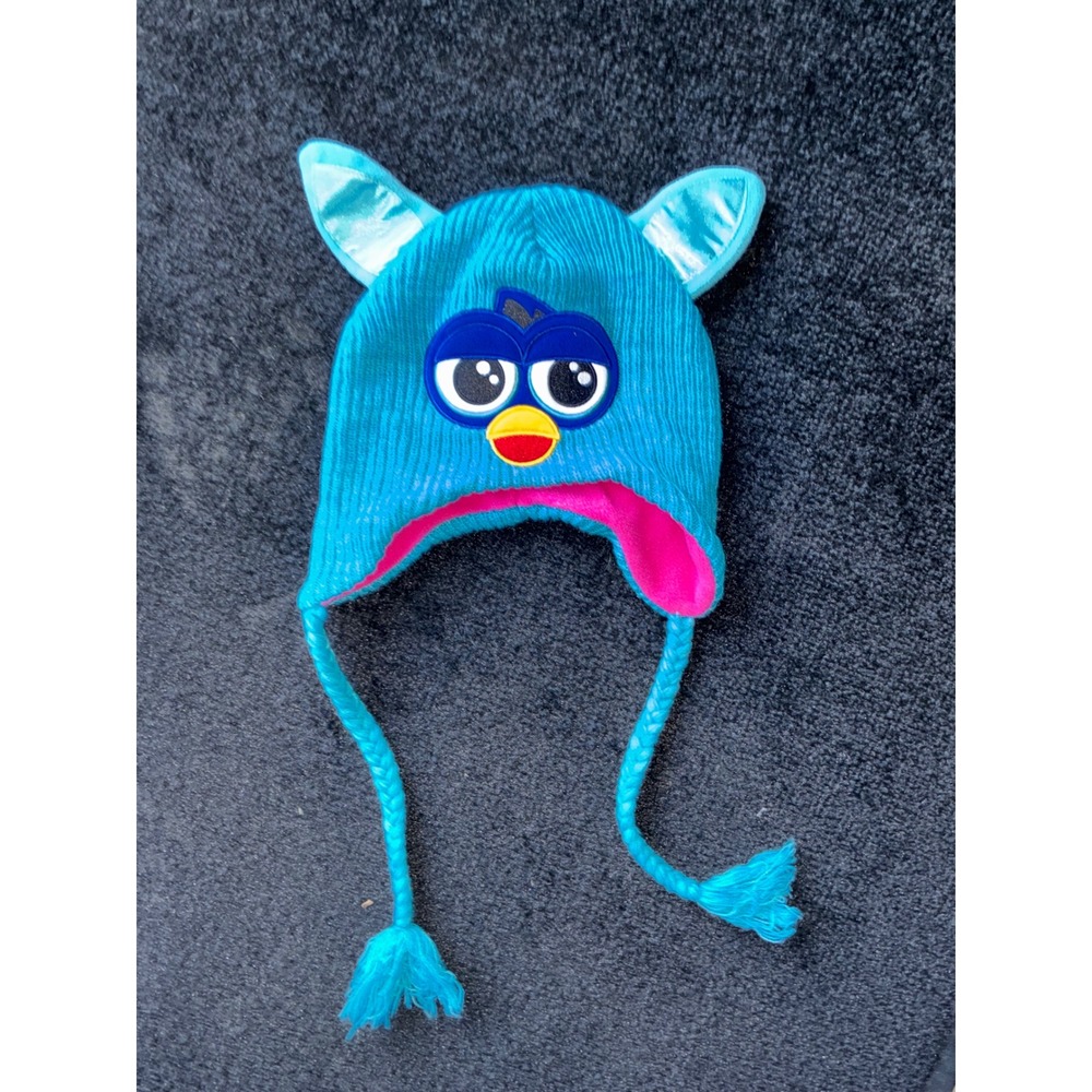 Furby Knit Beanie Hat Teal Blue Pink Fleece Lined Earflap Tassels Y2K Vintage